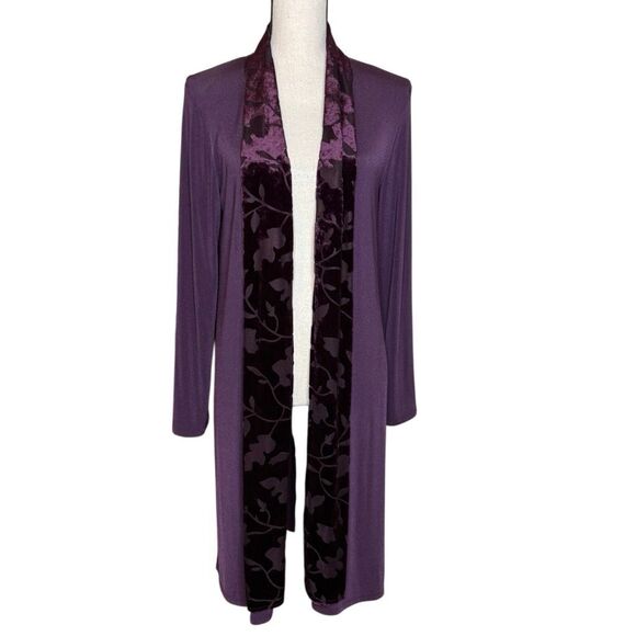BCBGMAXAZRIA Long Duster/Cardigan W/Velvet Burnout Sash in Deep Purple Sz M - Picture 1 of 13